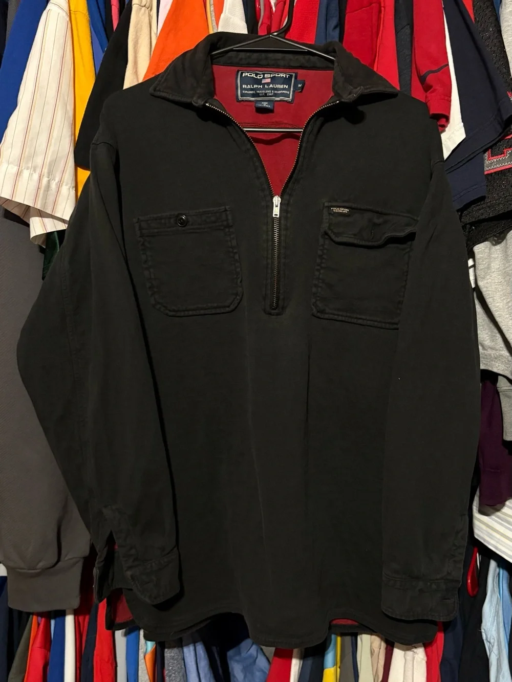 Polo Sport Ralph Lauren 1/4 1/2 zip black pocketed pullover sweater medium GUC